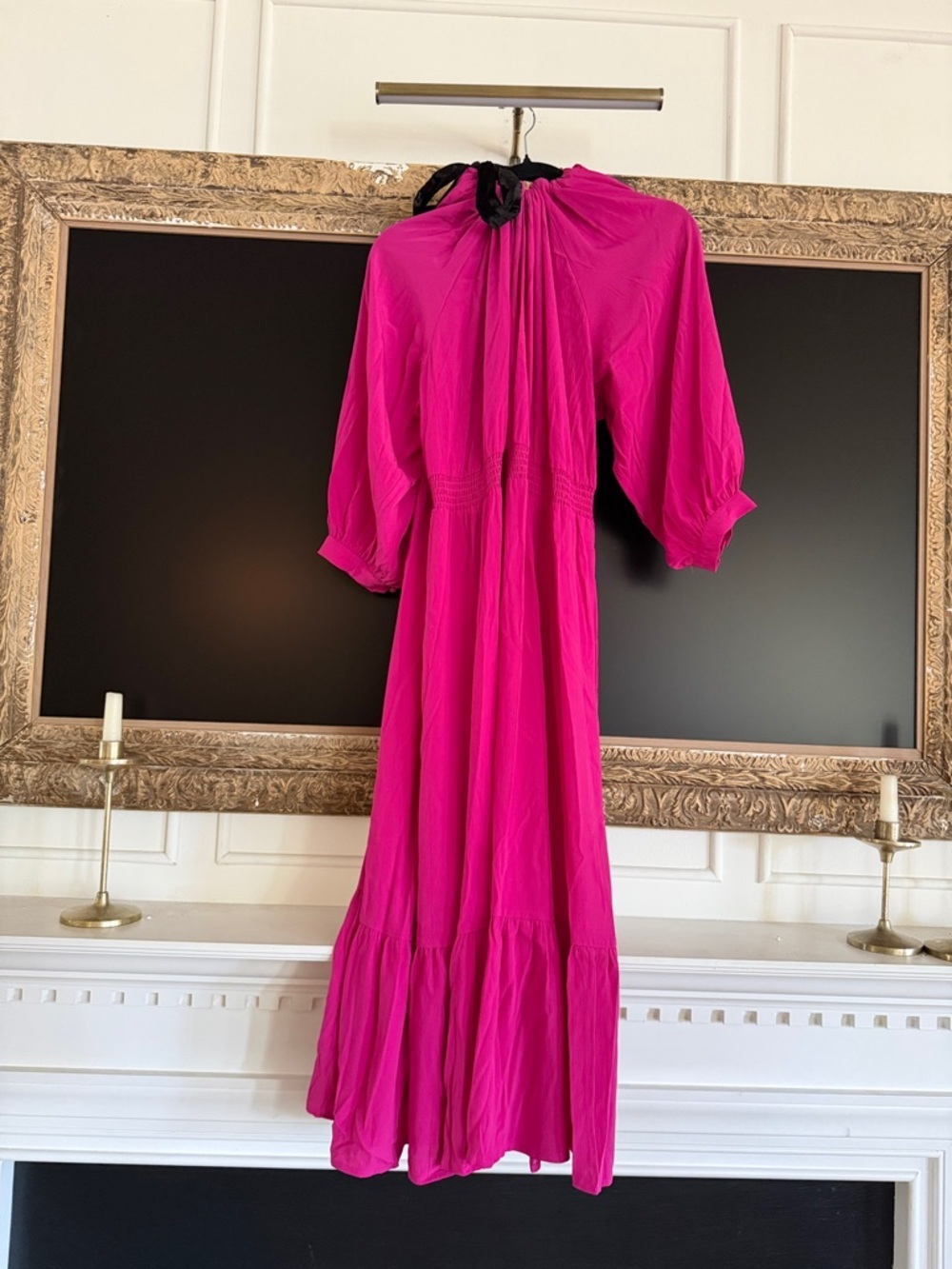 Bright Pink Long Sleeve Maxi Dress with Black Tie Neck